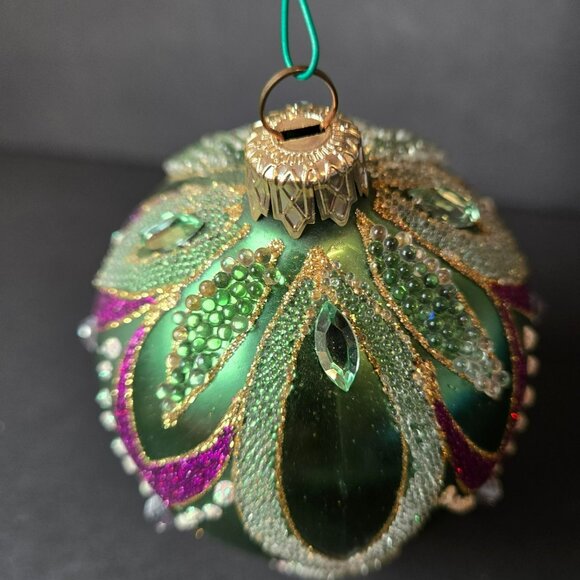 Jeweled Green Purple Glass Ornament Hand Decorated 5 Inch Luxury Christmas Decor - Picture 4 of 7